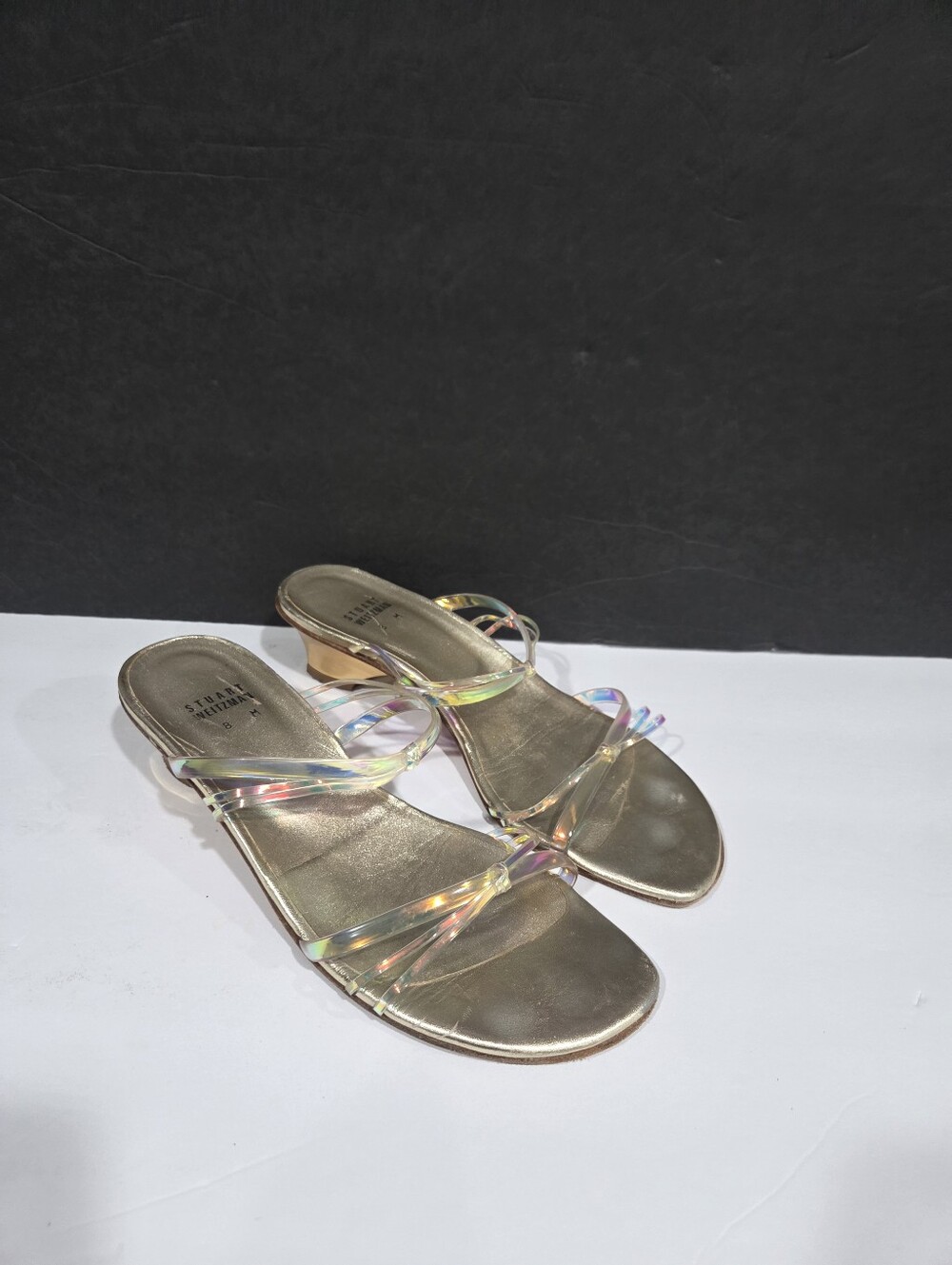 Stuart Weitzman Clear Strap Gold Slide Heels - Womens Sz.8M